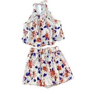 Floral Print 2-Piece Set Flowy Cropped Halter Top and Shorts Sz M #359i
